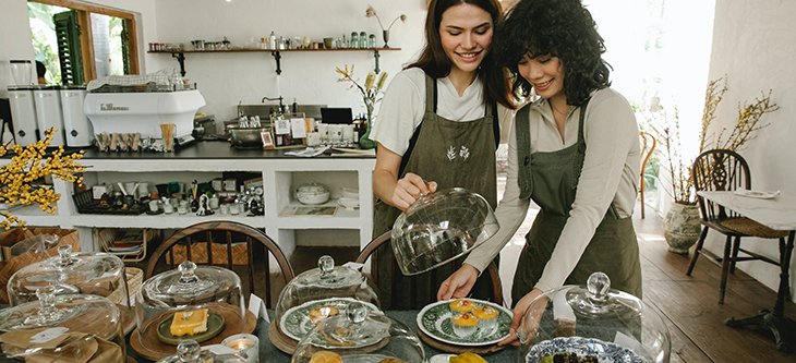 Two young women set the table as entrepreneurs of a patisserie small business -  pexels-gary-barnes-6231588