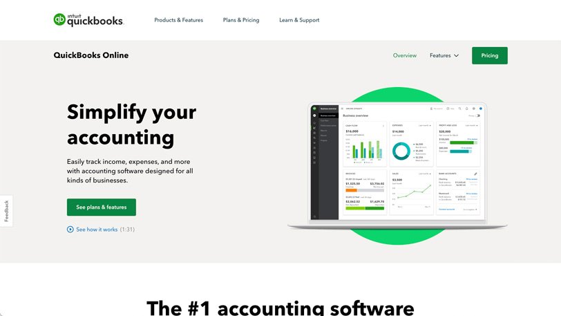 Screenshot of Quickbooks homepage, with a menu of products and features, plans and pricing , support and resources.