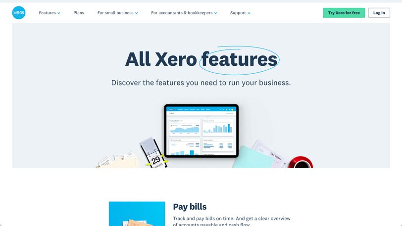 Screenshot of Xero homepage, with a menu of features, plans, use cases, support and tryout option.