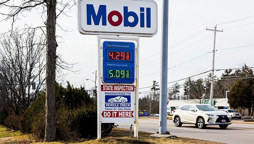 A gas station is showing inflated gas prices.